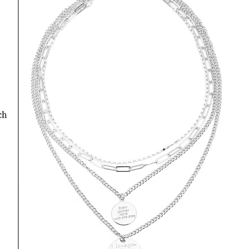 💕 Engraved Message & Cameo Charm Layered Link Chain Necklace in Silvertone - Picture 4 of 7